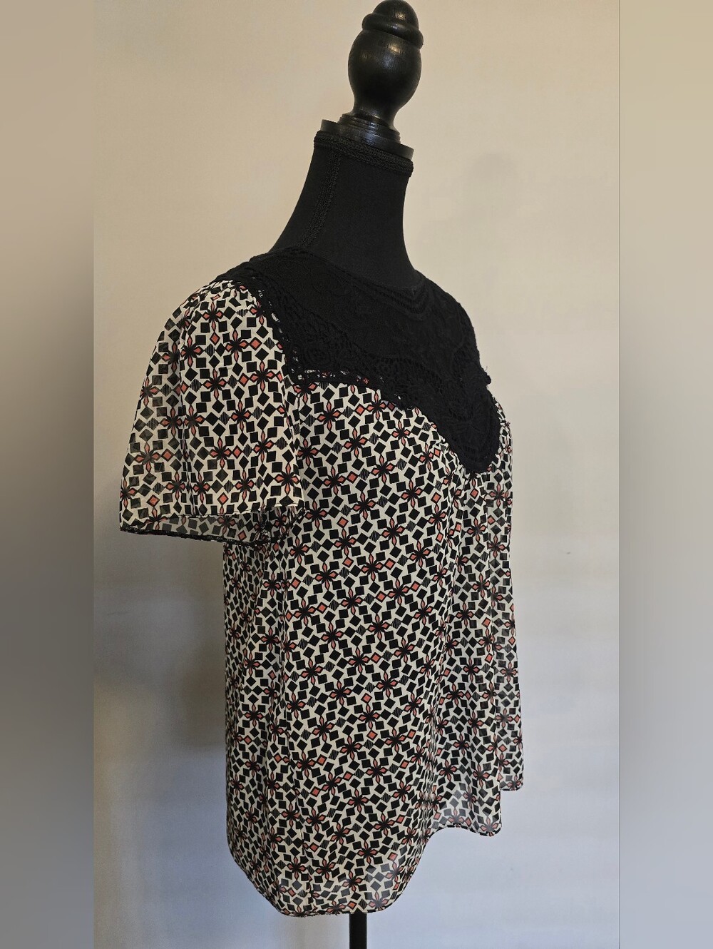 Miss Selfridge Black Crochet Yoke Sheer Printed Blouse